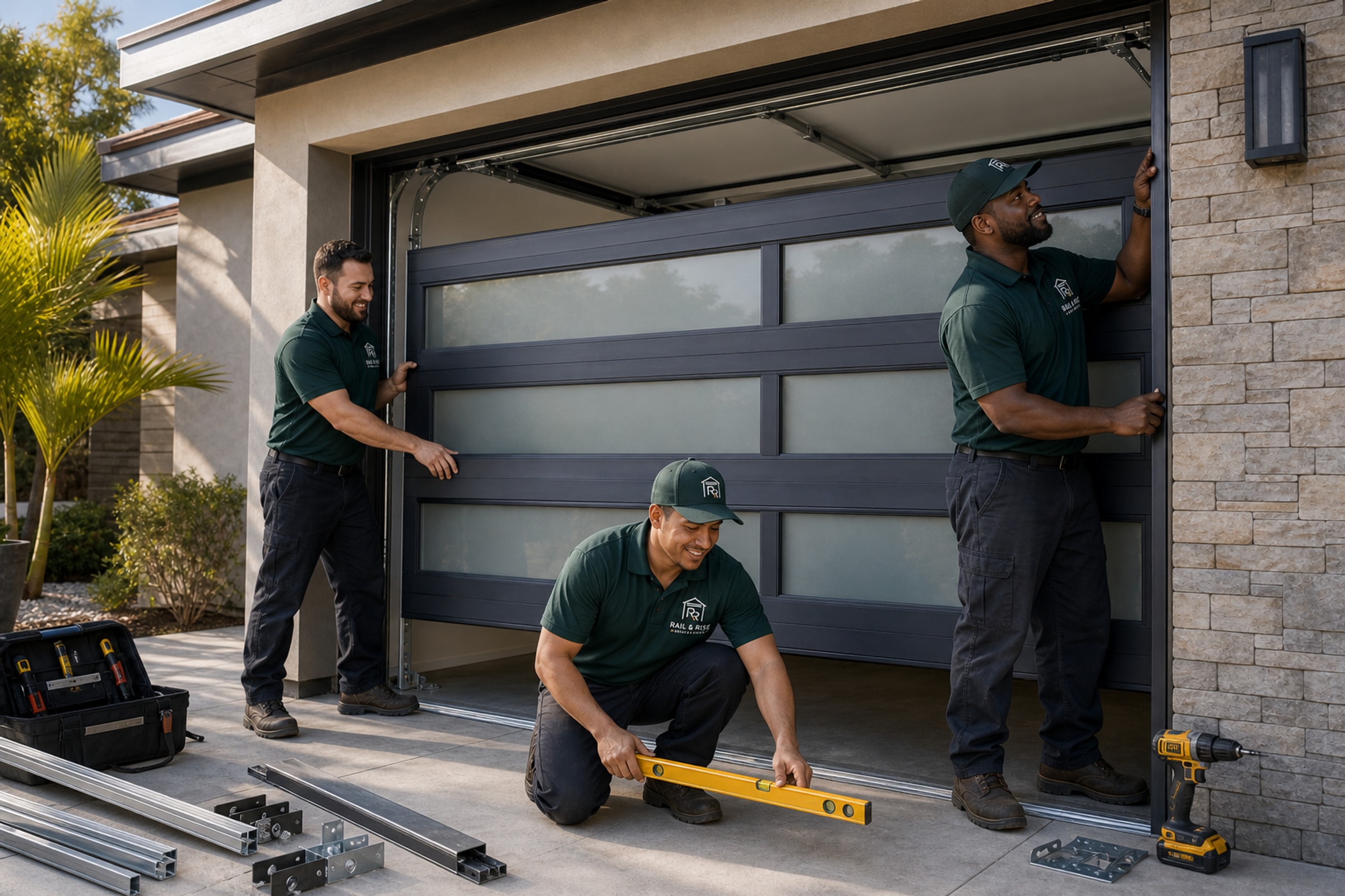 Rail & Rise technicians installing a modern garage door