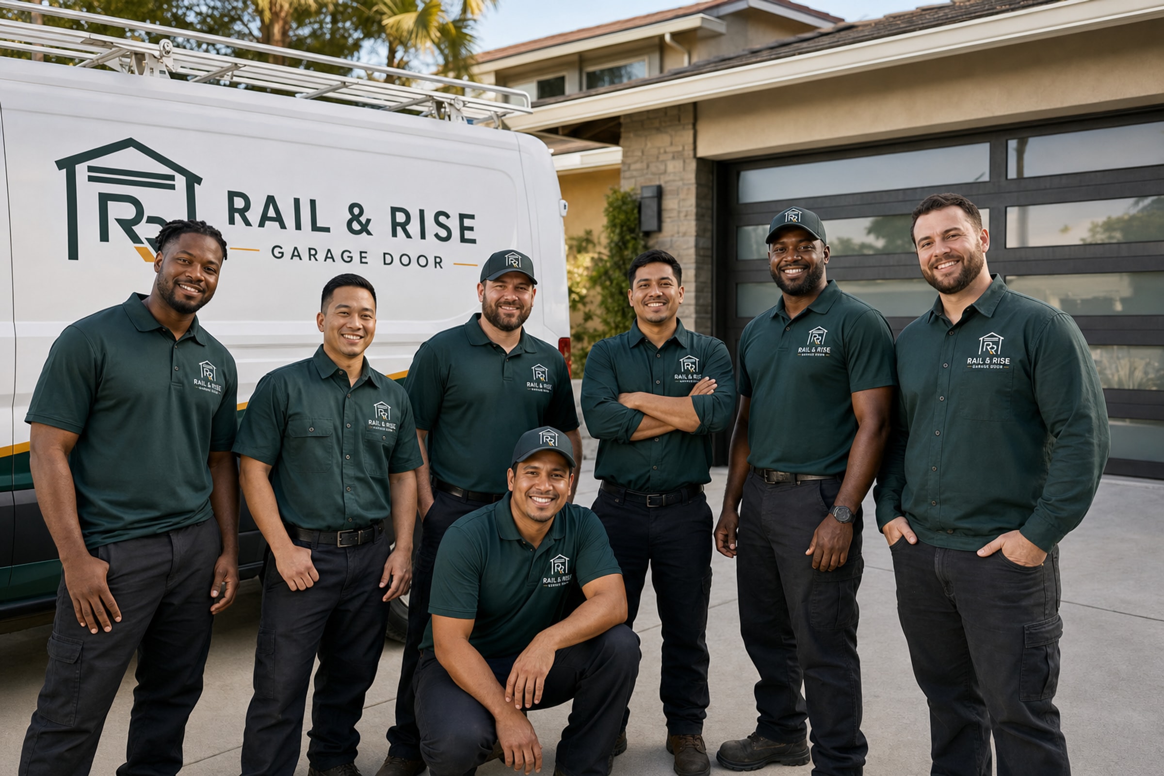 Rail & Rise Garage Door team beside their branded service van in San Diego