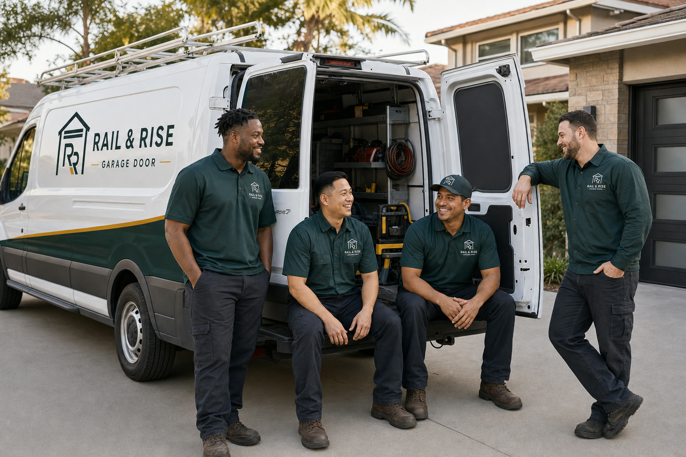 Rail & Rise Garage Door technicians with branded service van in San Diego