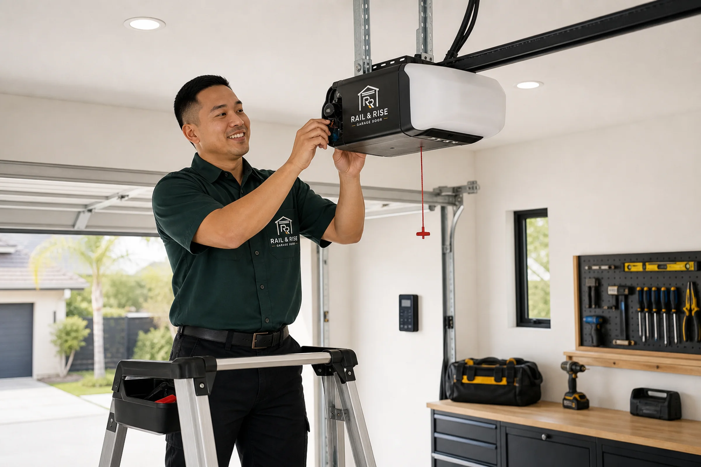 Rail & Rise technician adjusting a garage door opener motor