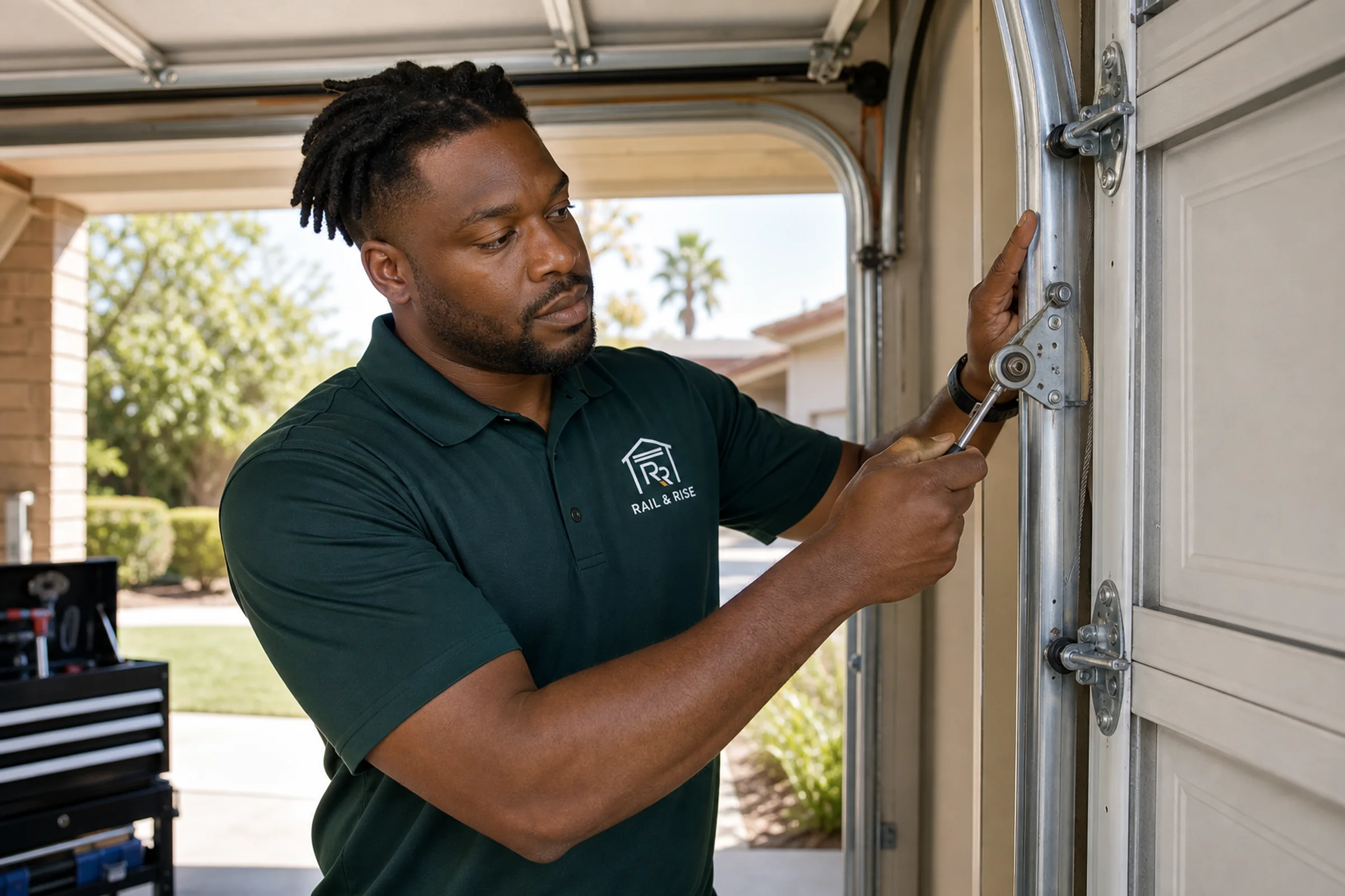 Rail & Rise technician repairing garage door hardware inside a residential garage