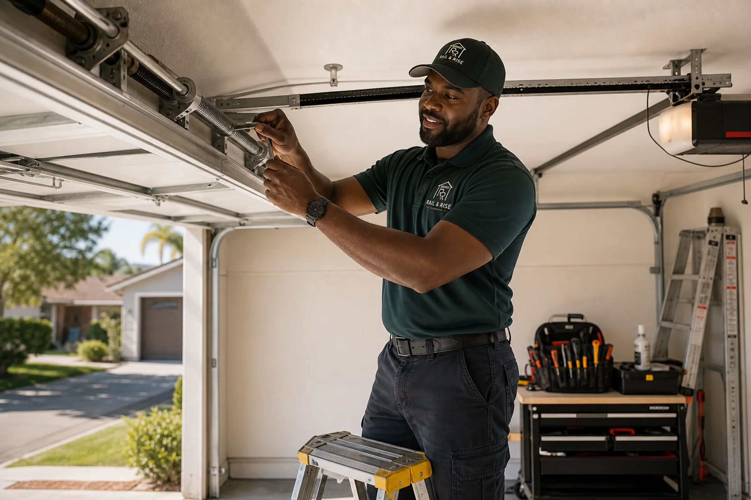 Rail & Rise technician working on a garage door spring mechanism